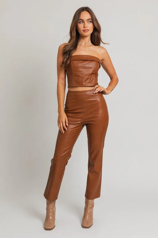 Chloe 70s Fitted Straight Pants in Tan Faux Leather | Le Lis