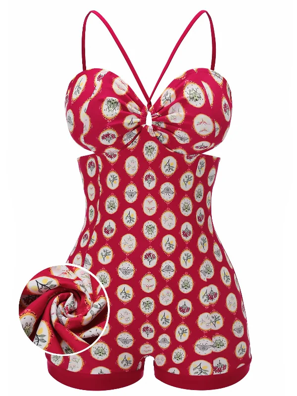 Red 1950s Strap Floral One-piece Swimsuit