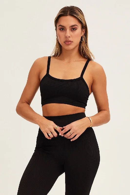 Black Bralette Crop Round Neck Seamless Classic Women's Tweed