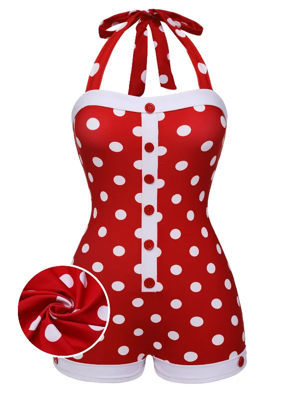 Red 1950s Polka Dot Patchwork Halter Swimsuit