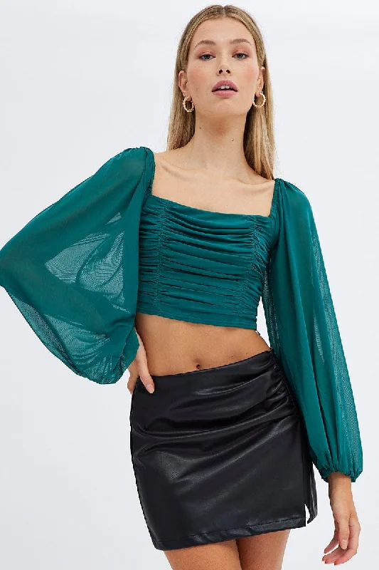 Green Bubble Top Long Sleeves Refined Women's 