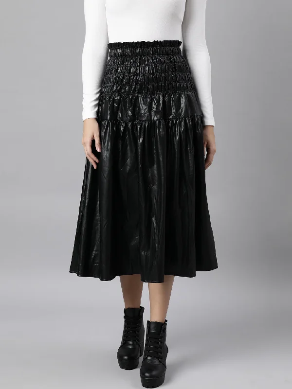 Women Solid Black Flared Midi Skirt