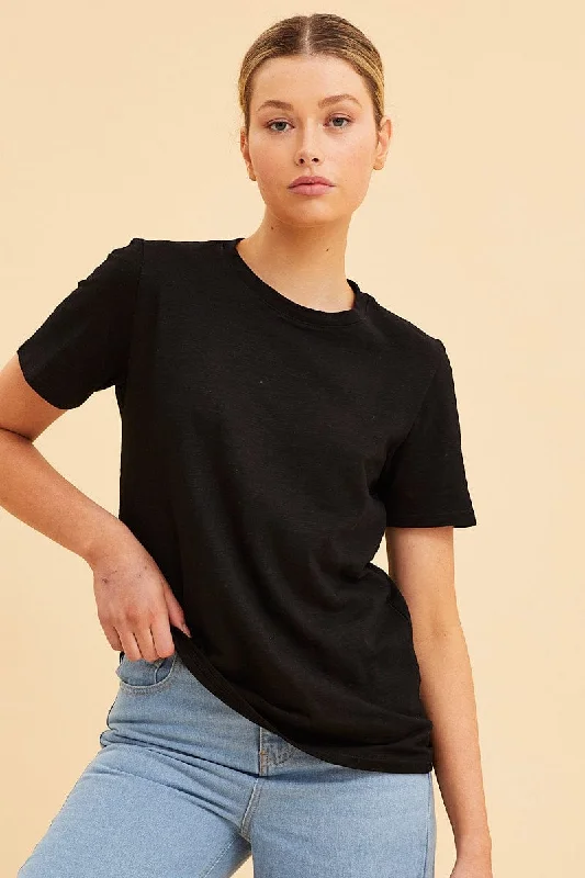 Black Cotton T-Shirt Slub Crew Neck Regular Fit Rugged Women's Outdoor 
