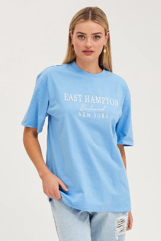 Blue Graphic T Shirt Oversized Crew Neck Women