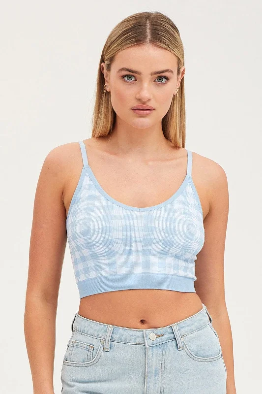 Blue Check Singlet Crop Top Seamless Traditional Women's 