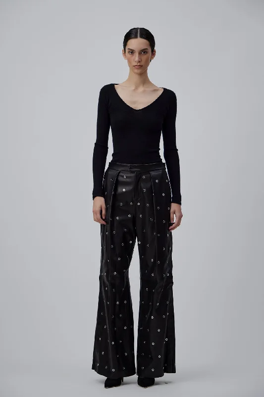 LOOSE FIT LEATHER PANTS WITH EYELETS IN GLOSSY BLACK