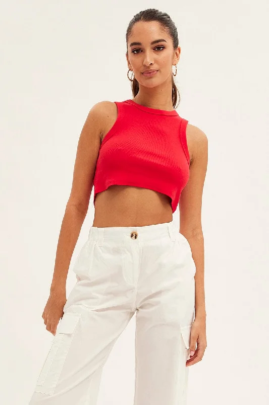 Red Tank Top Sleeveless Crew Neck Contemporary 