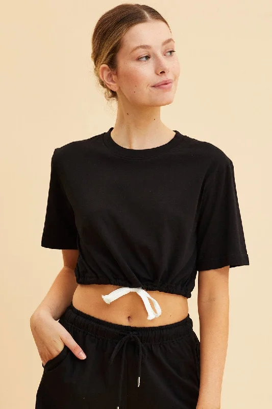 Black Cropped T-Shirt Short Sleeve Drawstring Hem Youthful Women's Pop