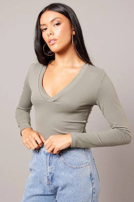 Green Supersoft Top V Neck Long Sleeve Modern Women's Tech