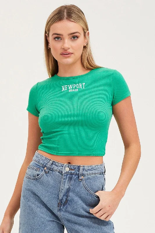 Green Graphic Top Short Sleeve Scandinavian