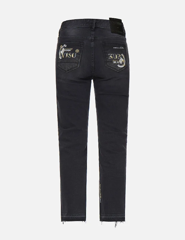 Slashed Kamon and Logo Embroidered Cropped Straight Fit Jeans