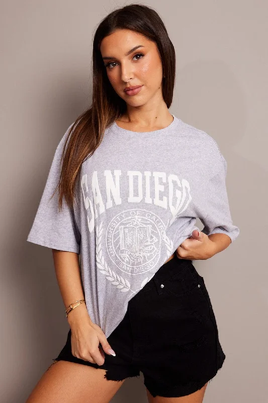 Grey Graphic Tee Short Sleeve Refined Women's Hand - crafted