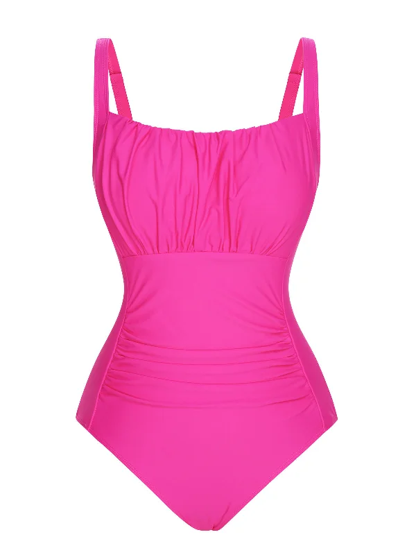 Pink 1940s Solid Wrinkle Strap Swimsuit