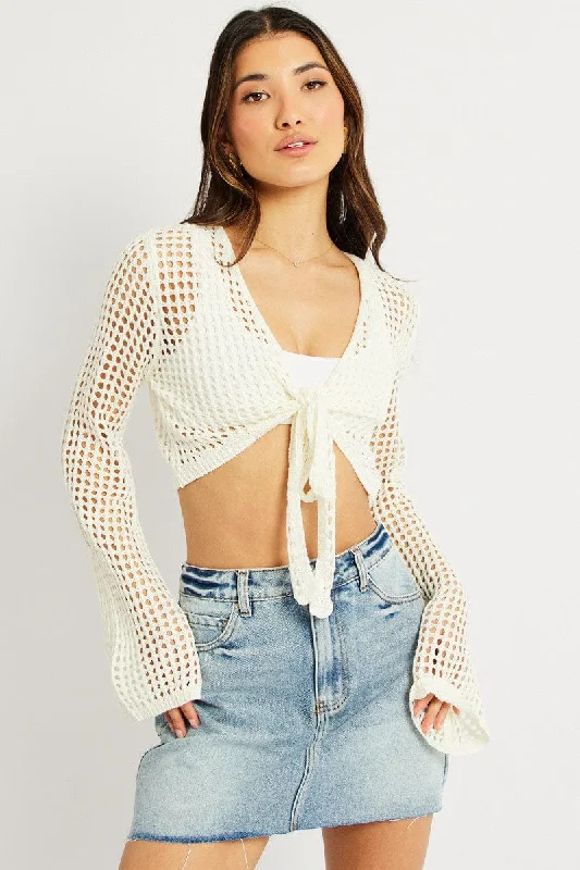 White Crochet Tie Up Cardigan European