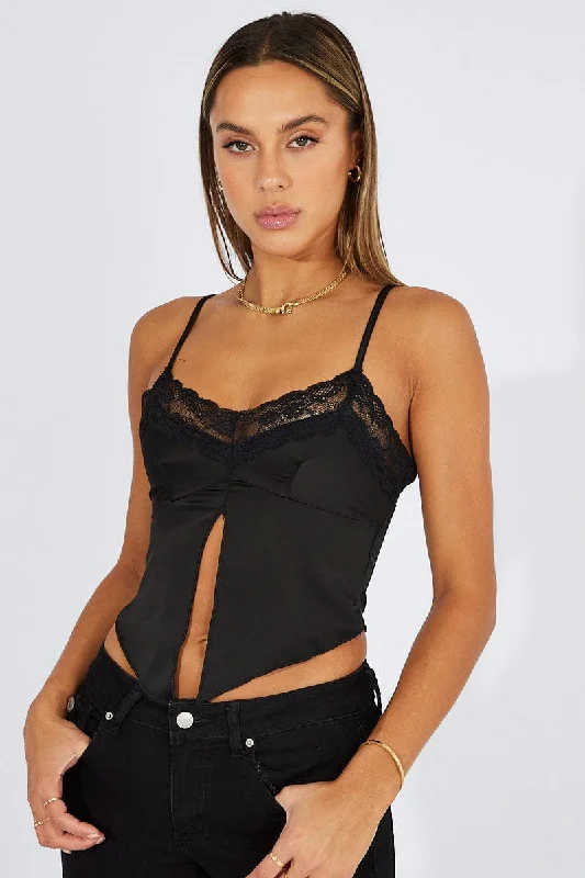 Black Satin Cami Lace Trim Neck Stylish Women's Tropical 