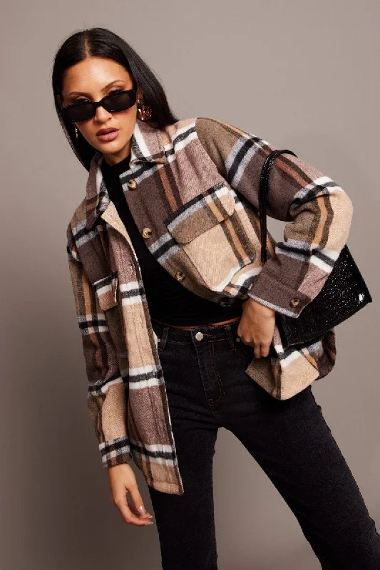 Brown Check Shacket Long Sleeve Lined garde