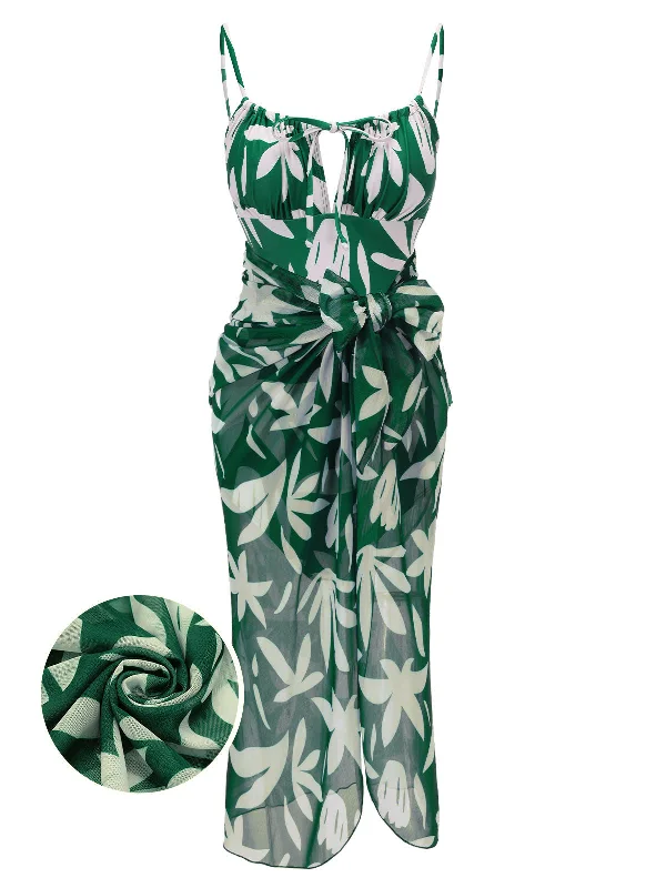 1960s Green Leaf Sleeveless Camisole Strap Swimsuit