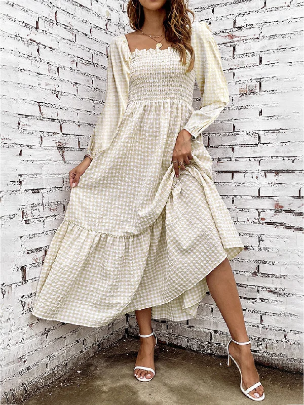 Smocked Square Neck Long Sleeve Dress