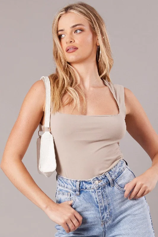 Beige Scoop Neck Tank Sleeveless Luxurious Women's High -  end