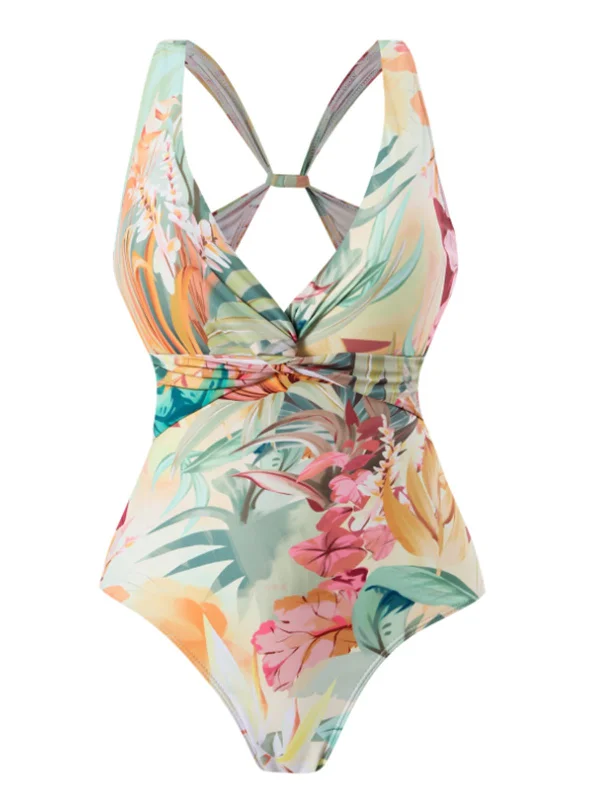 1940s Floral V-Neck Tie-Waist Swimsuit