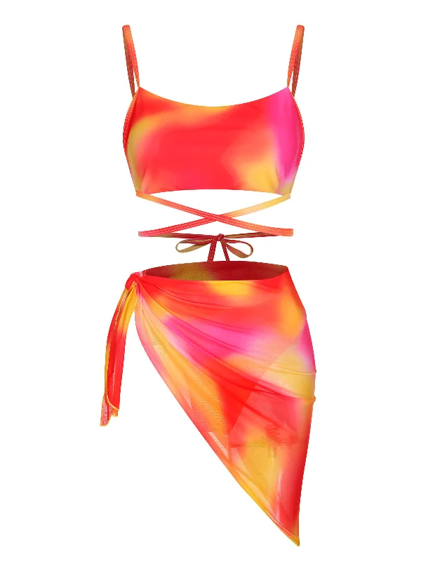 Multicolor 1960s Spaghetti Strap Swimsuit Set