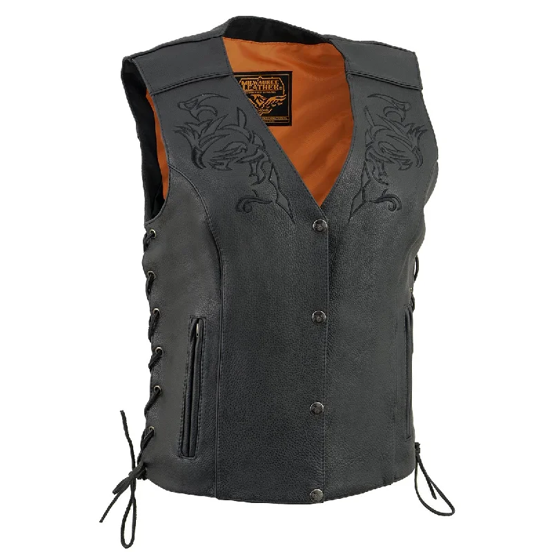 Milwaukee Leather ML1296 Women's Black Leather Side Laced Motorcycle Vest w/ Reflective Tribal