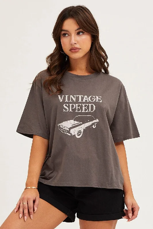 Grey Crew Neck Graphic T-Shirt performance