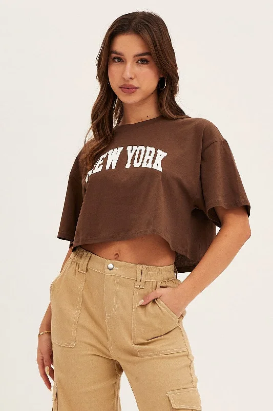 Brown Crew Neck Tee Stylish Women's Tropical 