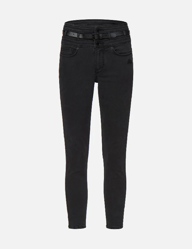 Triple Waistband Skinny Jeans with Leather Belt