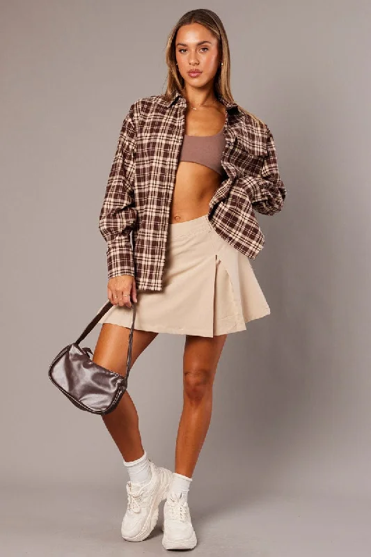 Brown Check Relaxed Shirt Long Sleeve Sleek Women's 