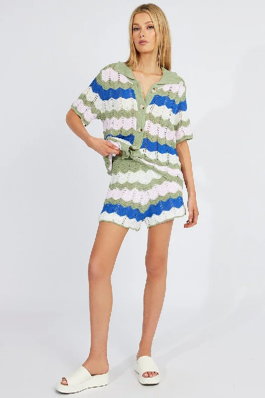 Multi Stripe Collar Knit Cardigan Short Sleeve Relaxed Women's Beachy