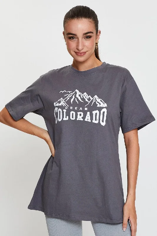 Grey Graphic T Shirt Short Sleeve Bohemian Women's Free