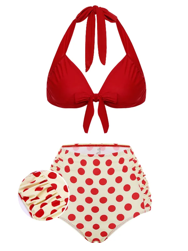 Red 1950s Polka Dots Halter Bikini Set