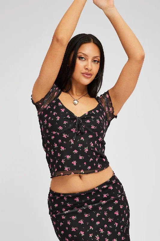 Black Ditsy Mesh Top Short Sleeve Confident Women's High - fashion