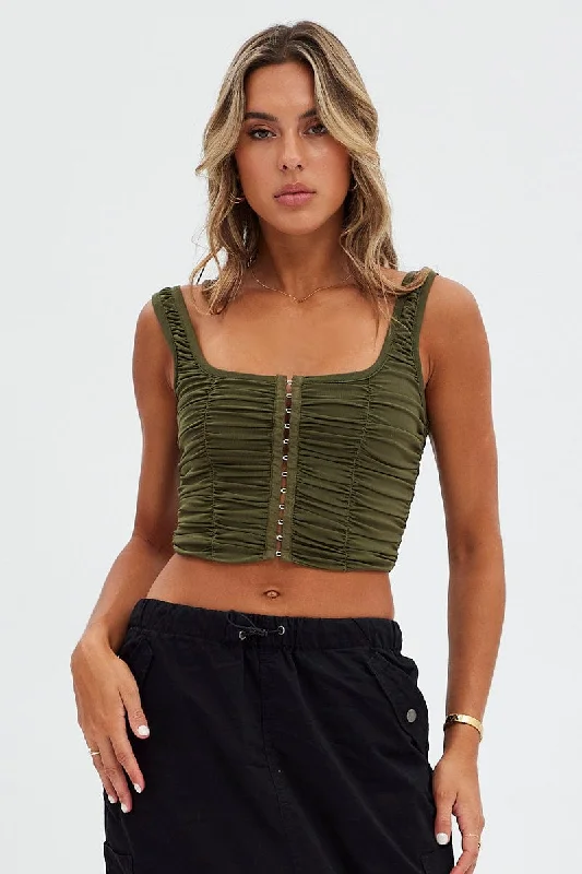 Green Lace Up Top Sleeveless Mesh Vacation