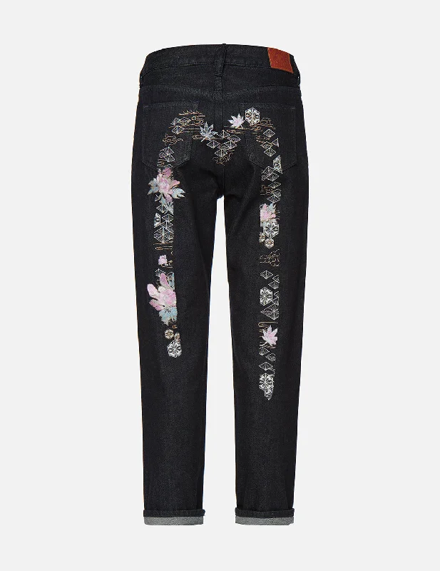 Brocade and Floral-pattern Daicock Embroidery Relax-Cut Jeans