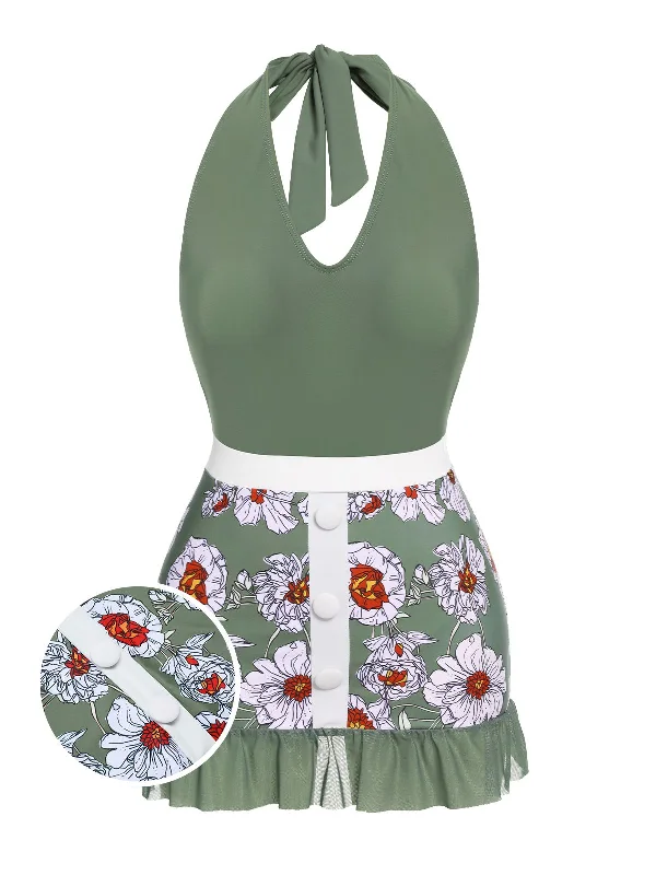 Green 1940s Floral Halter One-Piece Swimsuit