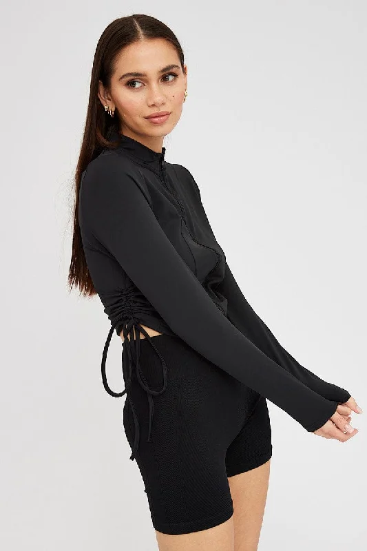 Black Zip Up Top Side Ruched Refined Women's Hand - crafted