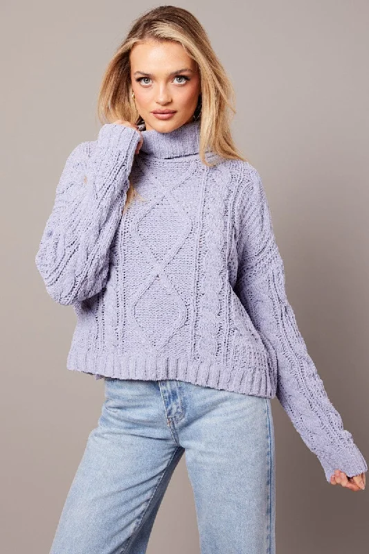 Blue Cable Knit Jumper High Neck Confident Women's Power