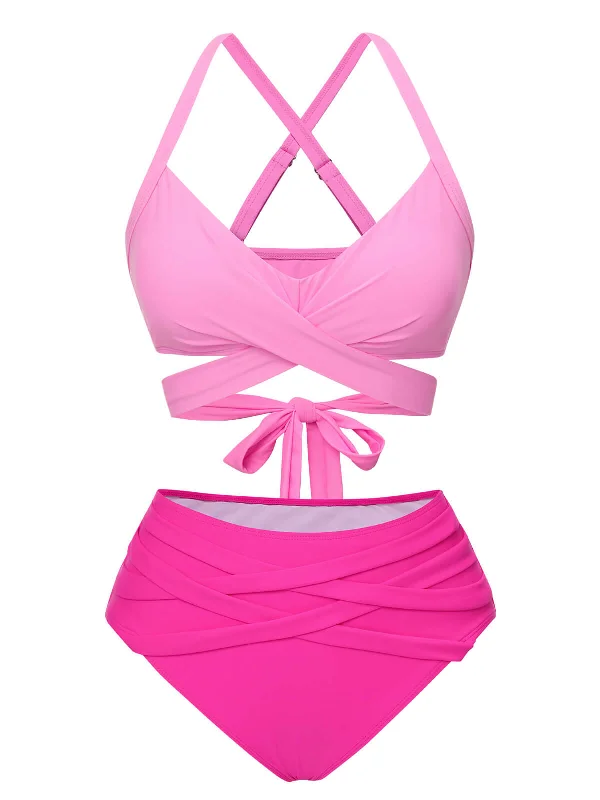 Pink 1960s Solid Strap Bandage Bikini Set