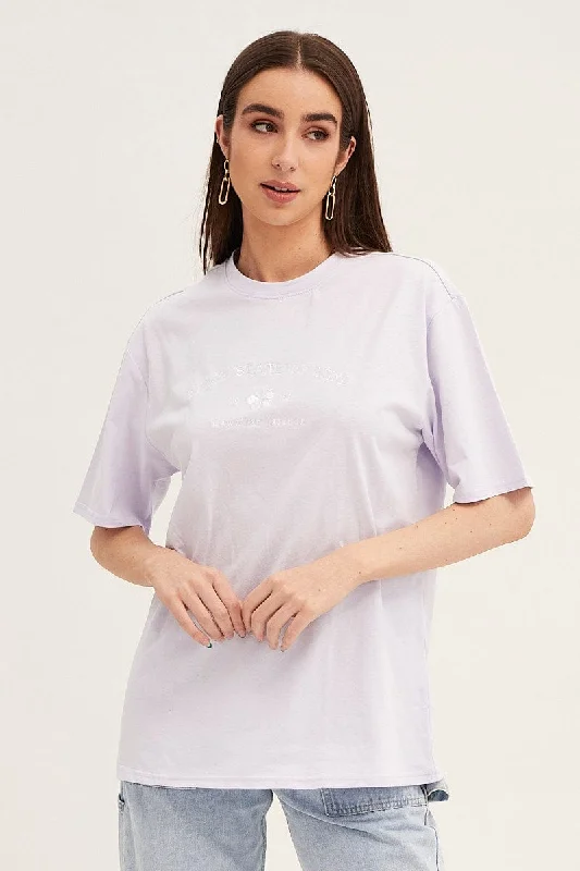 Purple Embroidered Crew Neck Oversized Tee European
