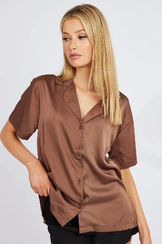 Brown Satin Shirt Short Sleeve Classic Women's Tweed