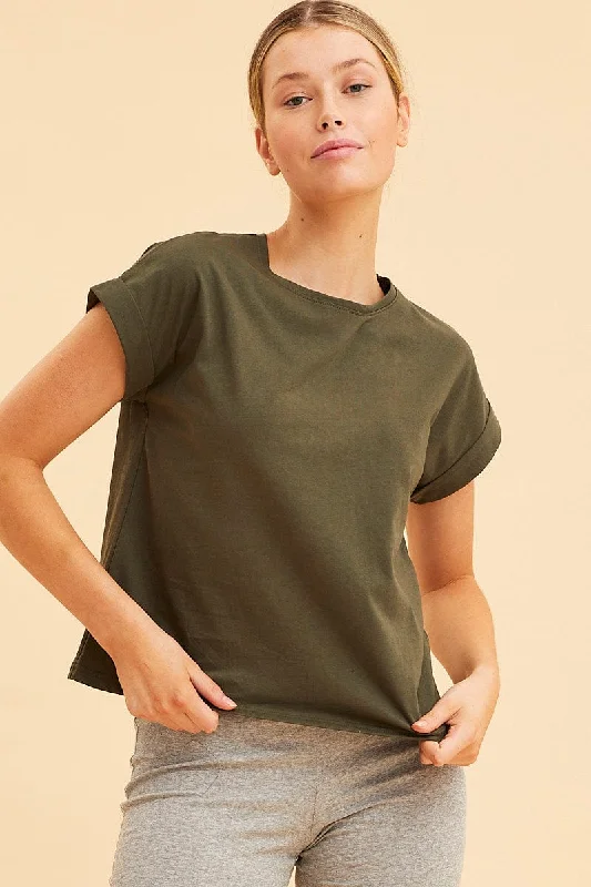 Green Cropped T-Shirt Crew Neck Roll Sleeve Cotton Edgy Women's Punk