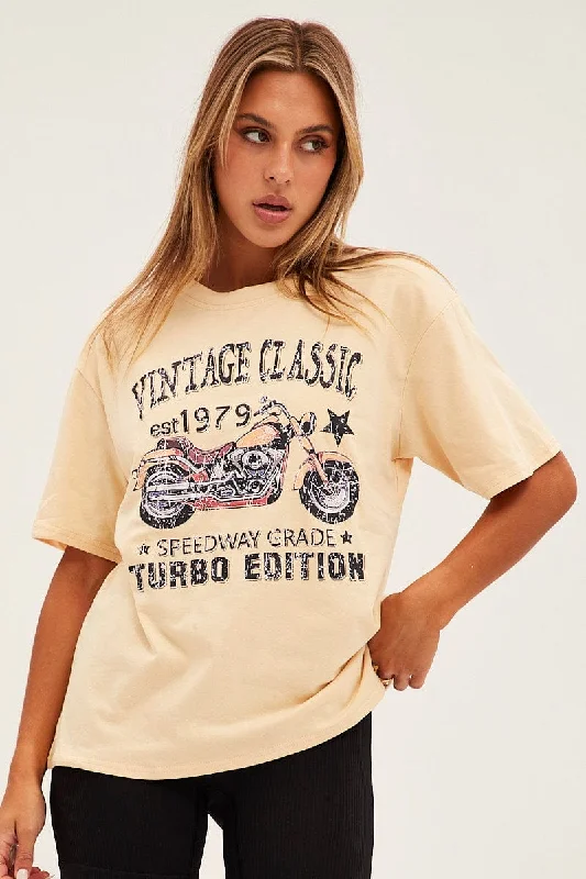 Beige Graphic Short Sleeve Oversized T Shirt Laid - back Women's Vibe