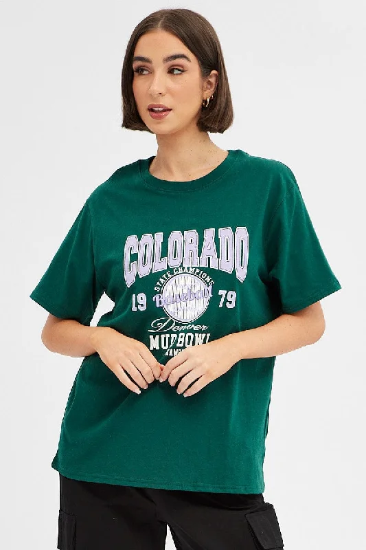 Green Tee Round Neck Short Sleeve Graphic Print Cozy Women's Sherpa - lined