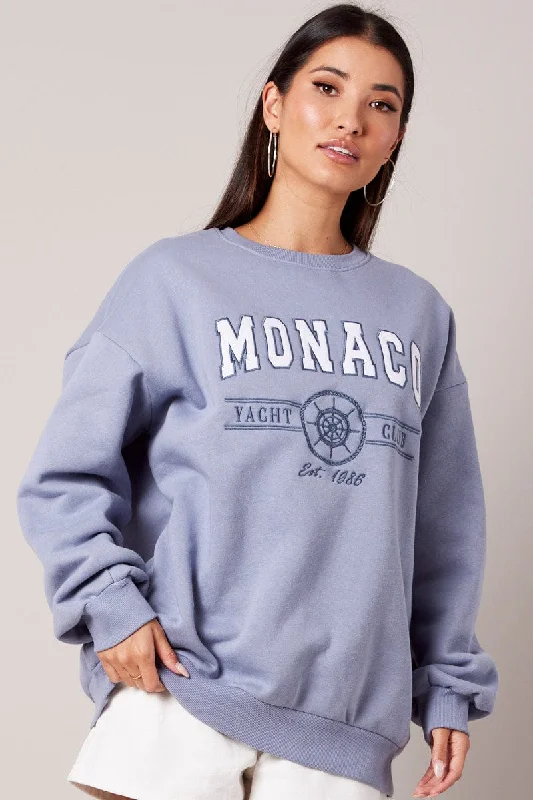 Blue Graphic Sweater Long Sleeve Compression