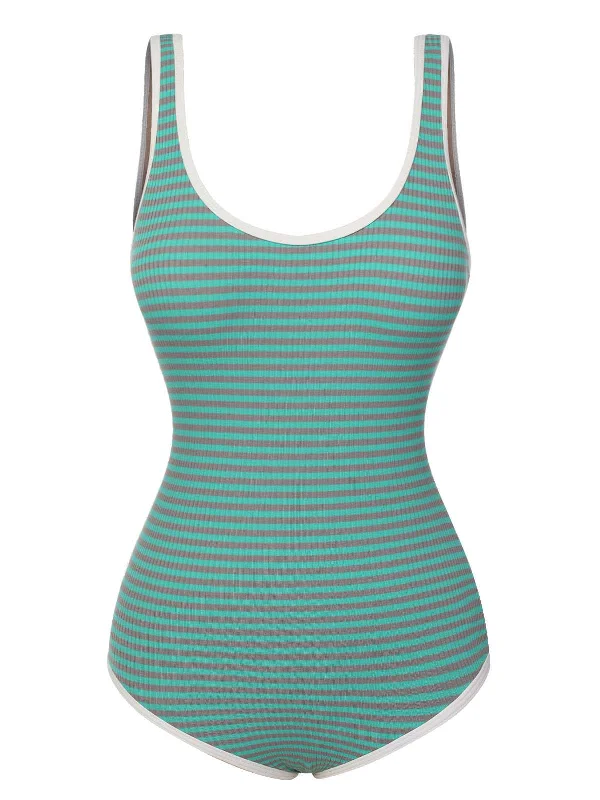 Green 1950s Stripes Backless One-Piece Swimsuit