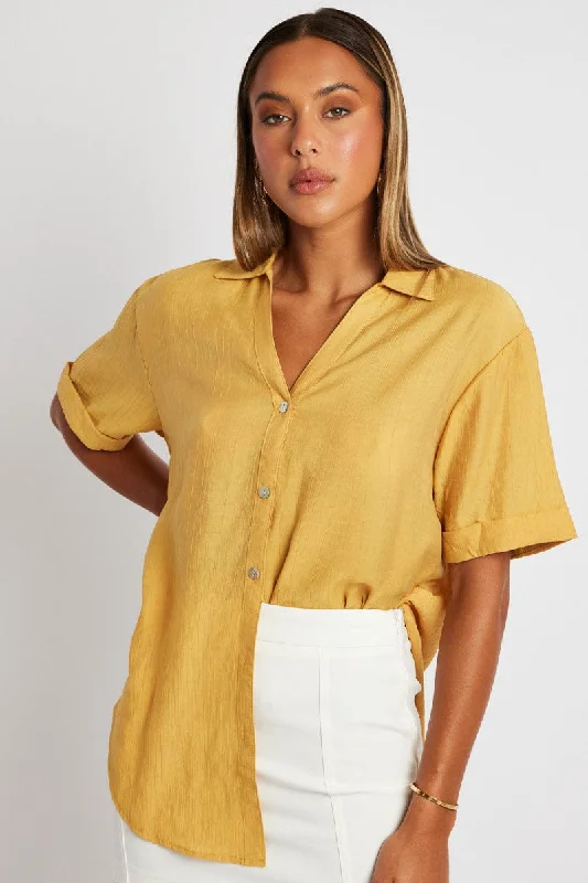 Yellow Textured Shirt Short Sleeve Bold Women's Animal Print