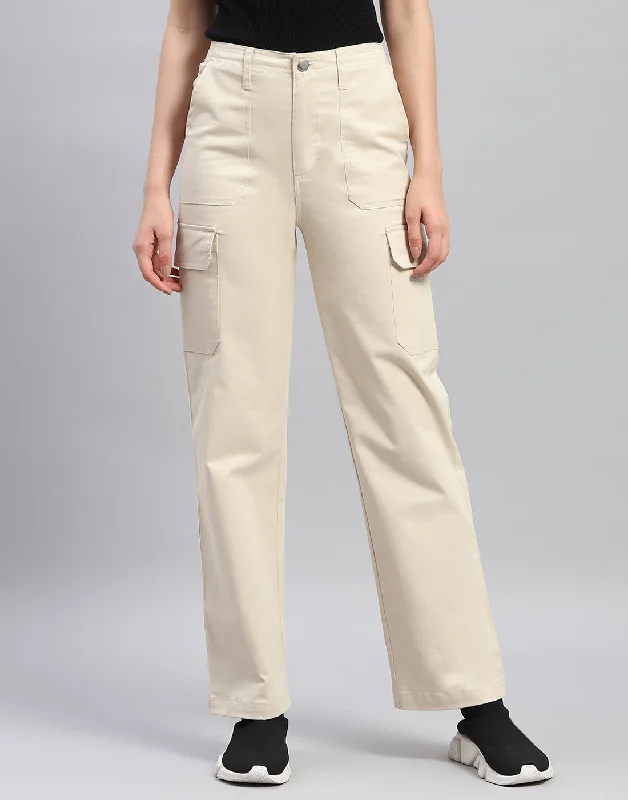 Women Beige Solid Straight Fit Trouser