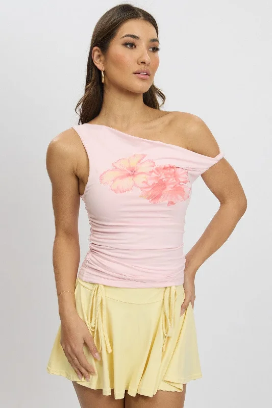 Pink Graphic Top Twist off Shoulder Supersoft Elegant Women's 
